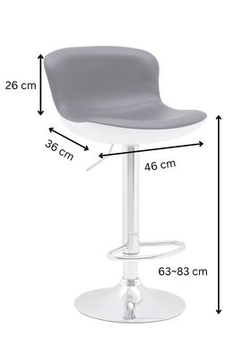 Grey adjustable bar stool with chrome base, armrest, footrest, and labeled measurements in cm