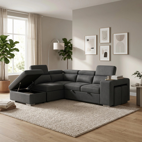 Alice Sofa Bed in grey fabric, L-shaped configuration with storage ottoman chaise and matching hideaway stools in a styled living room
