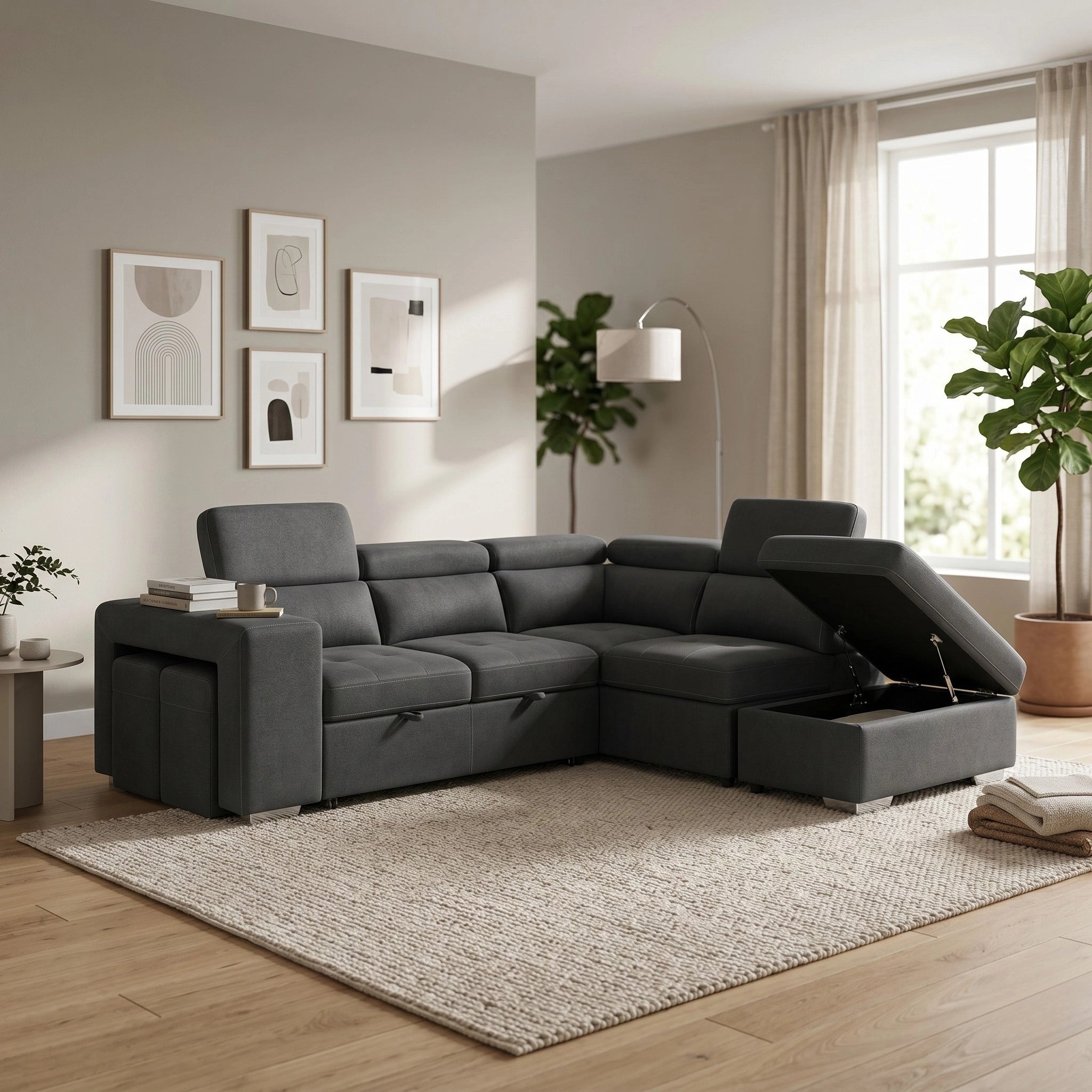 Gray sectional sofa in a living room with decor elements.