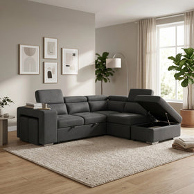 Gray sectional sofa in a living room with decor elements.