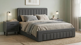 Fernvale 3 piece bedroom suite with a charcoal fabric upholstered bed featuring a vertical channel headboard and two matching bedside tables, styled in a sage room - The A2Z Furniture
