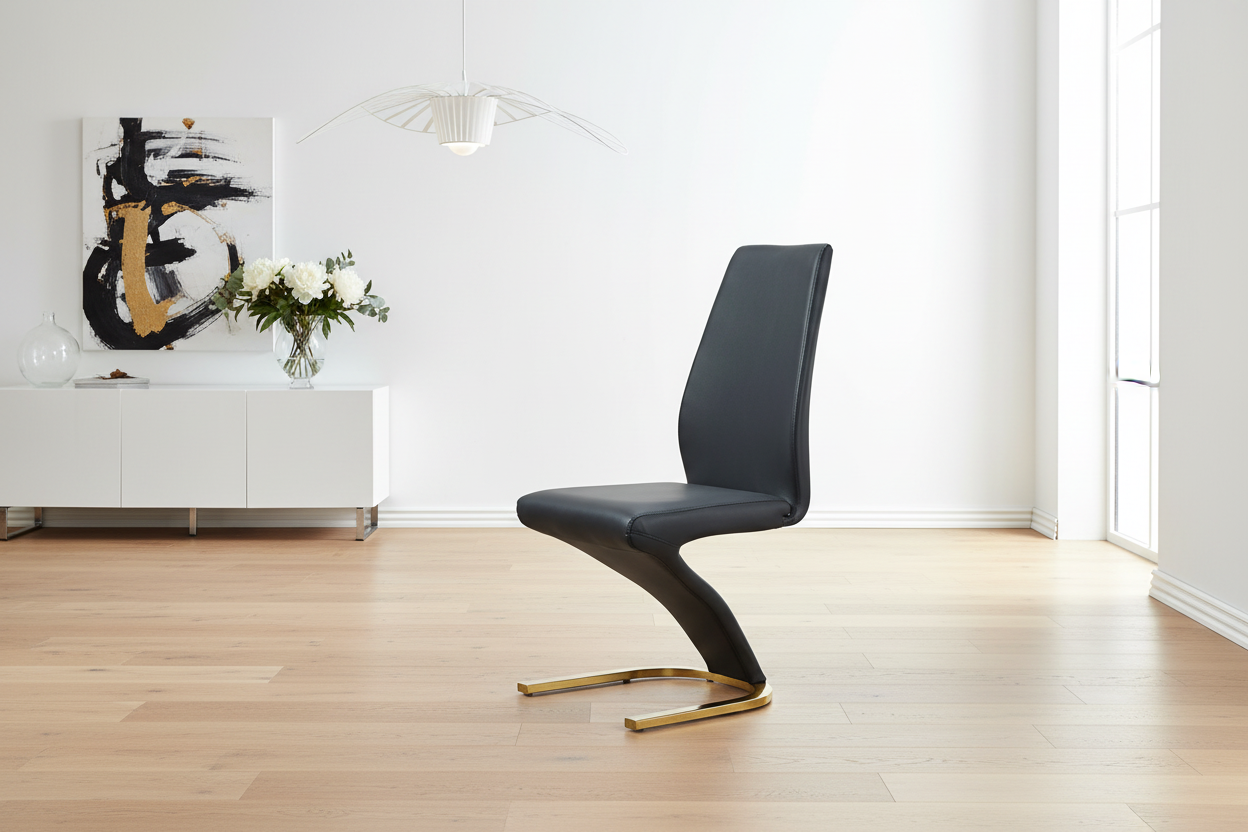 Modern black chair in a minimalistic room with a white wall and wooden floor.