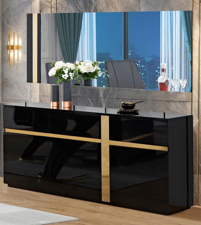 Stylish black Dakota Buffet Table with white tempered glass top and gold accents, perfect for dining or living spaces. Ample storage space and comes with matching wall mirror - The A2Z Furniture