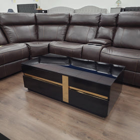 Dakota Coffee Table from The A2Z Furniture - black MDF structure with gold accents, black tempered glass top, and 2 storage drawers