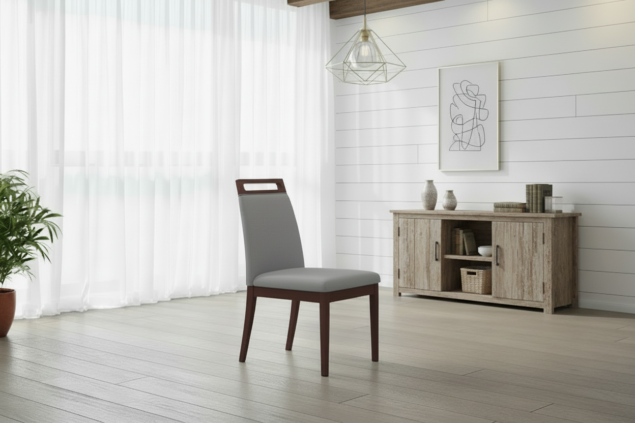 Dining chairs with gray fabric seats and wooden frames on a wooden floor.