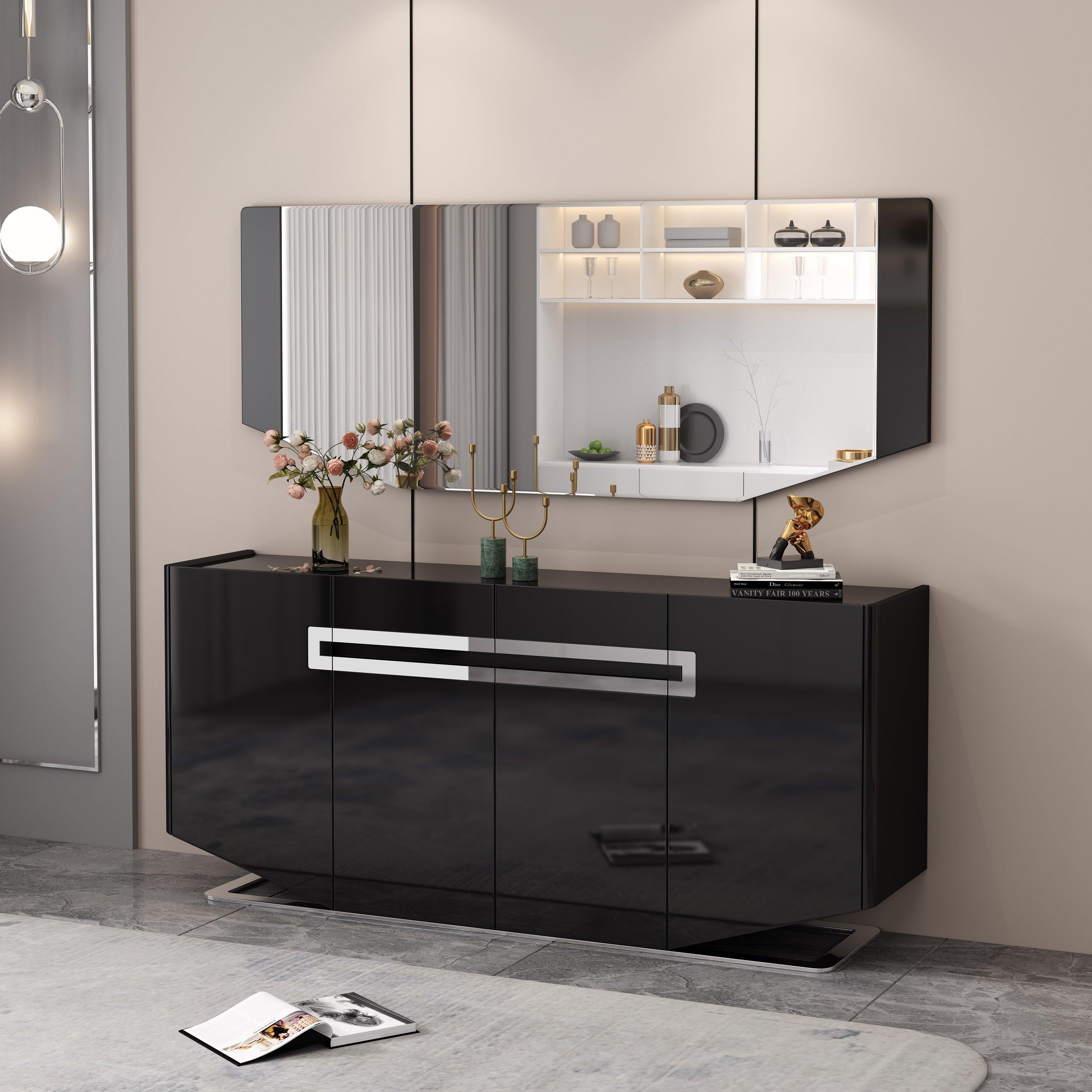 Modern black gloss sideboard with chrome handle, large wall mirror, and decorative accents