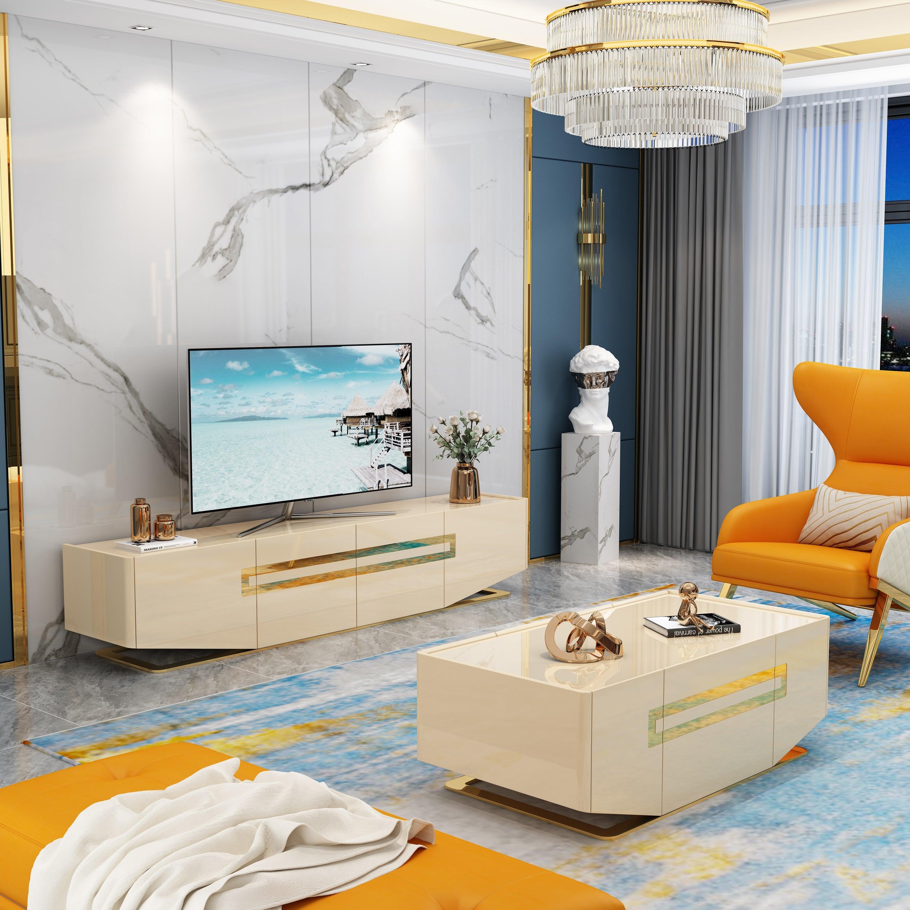 Modern living room with glossy beige TV unit, marble wall, orange sofa, and glass coffee table