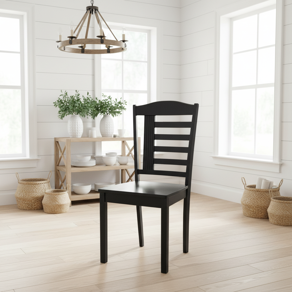 Black wooden chair in a bright room with white walls and wooden floor.
