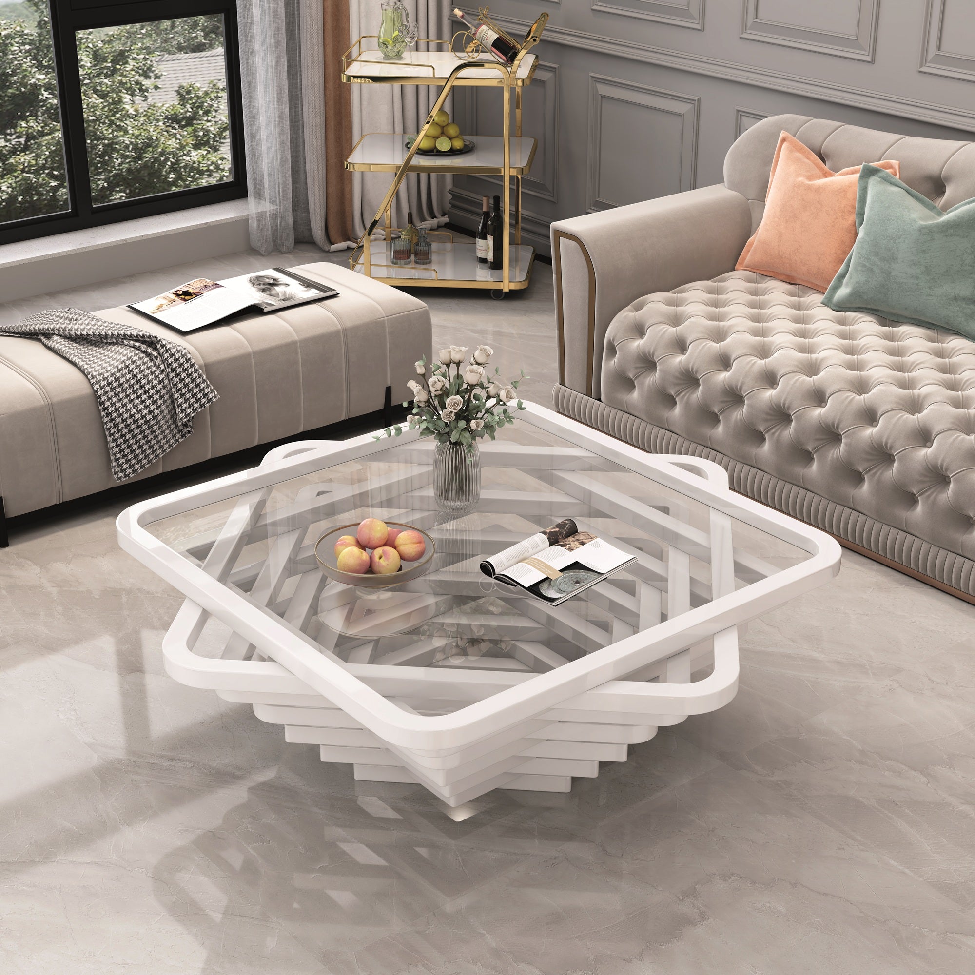 Modern living room with a stylish coffee table, sofa, and decorative items.