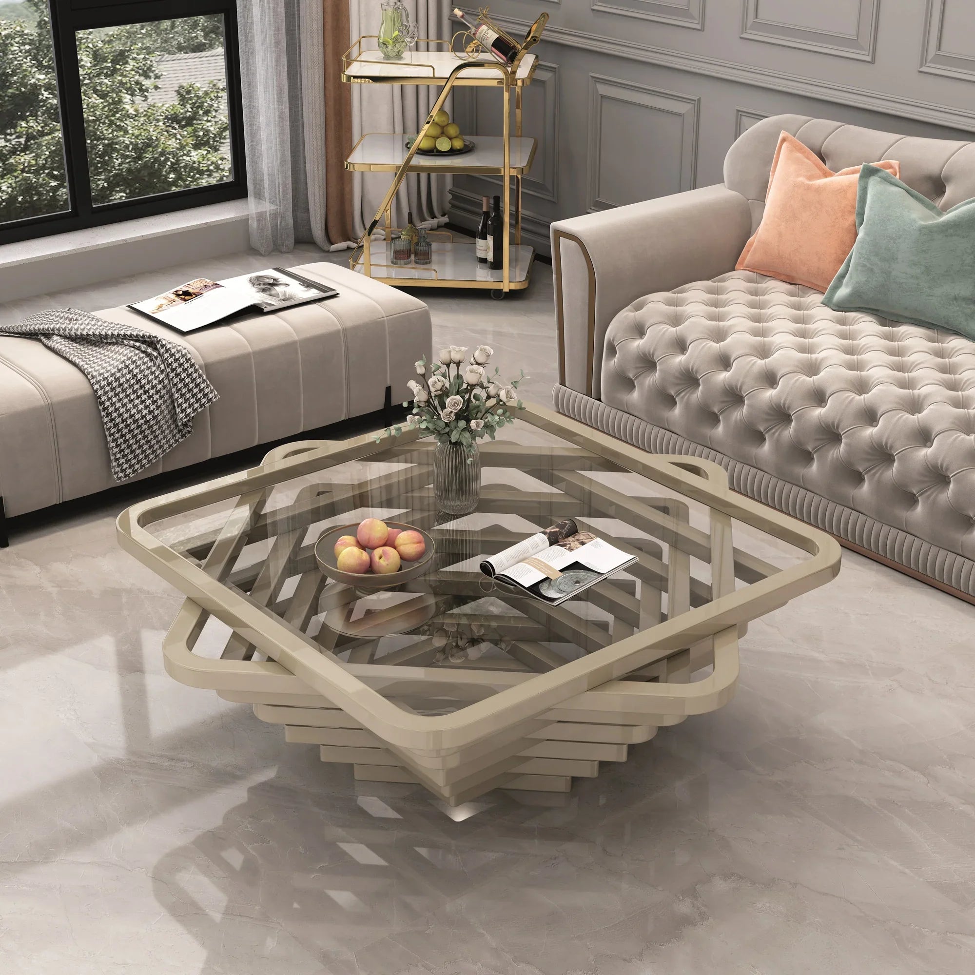 Modern living room with a decorative coffee table, sofa, and side table.