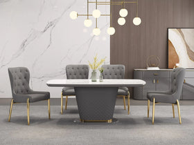 Davidson dining set — 2 m oval marble-look dining table on a grey quilted pedestal with a brushed-gold band, and matching grey PU faux leather chairs on gold legs