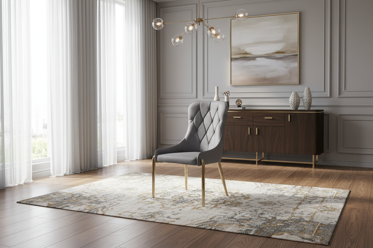 Modern interior with a grey leather chair, wooden sideboard, and abstract painting.