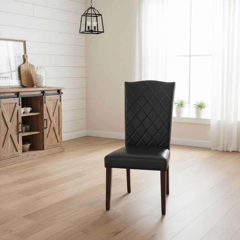 Black chair in a room with wooden flooring and a wooden sideboard.