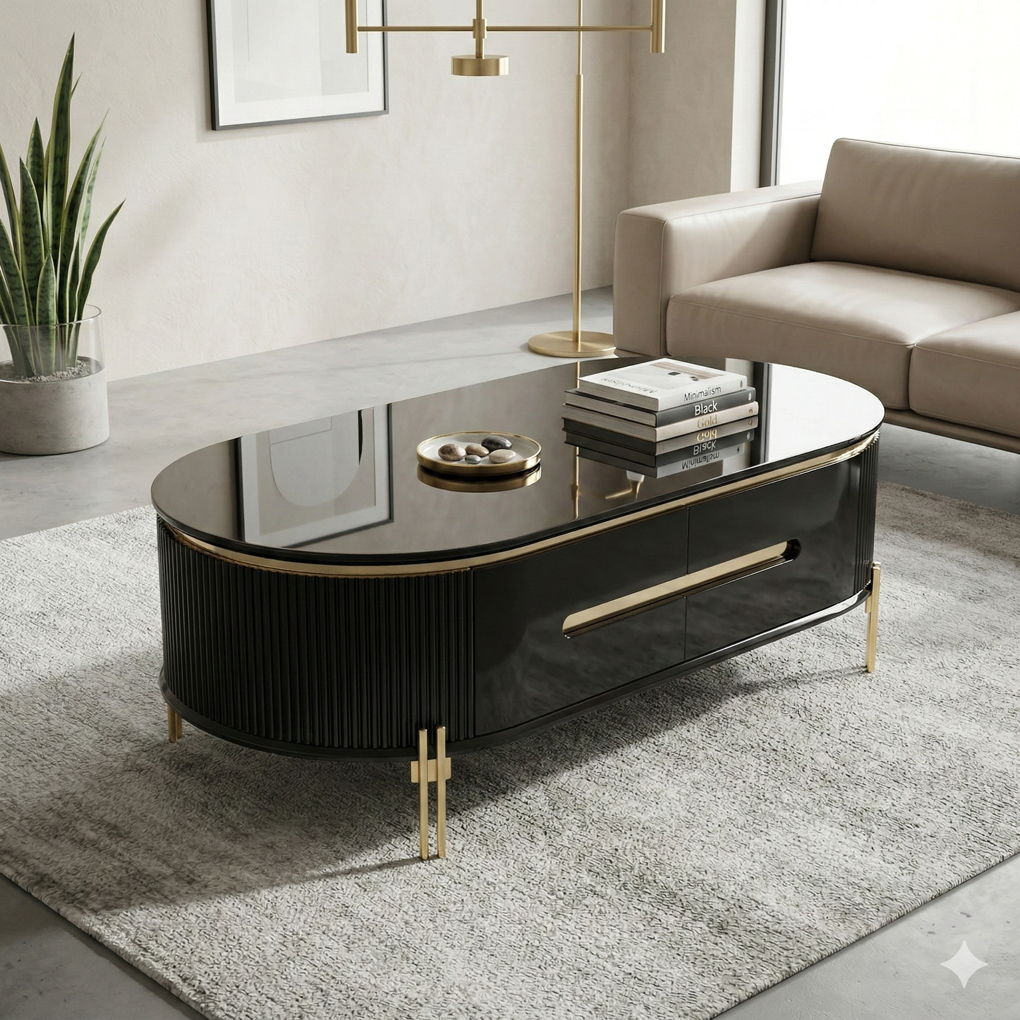 Modern living room with a black and gold coffee table, beige sofa, and decorative items.