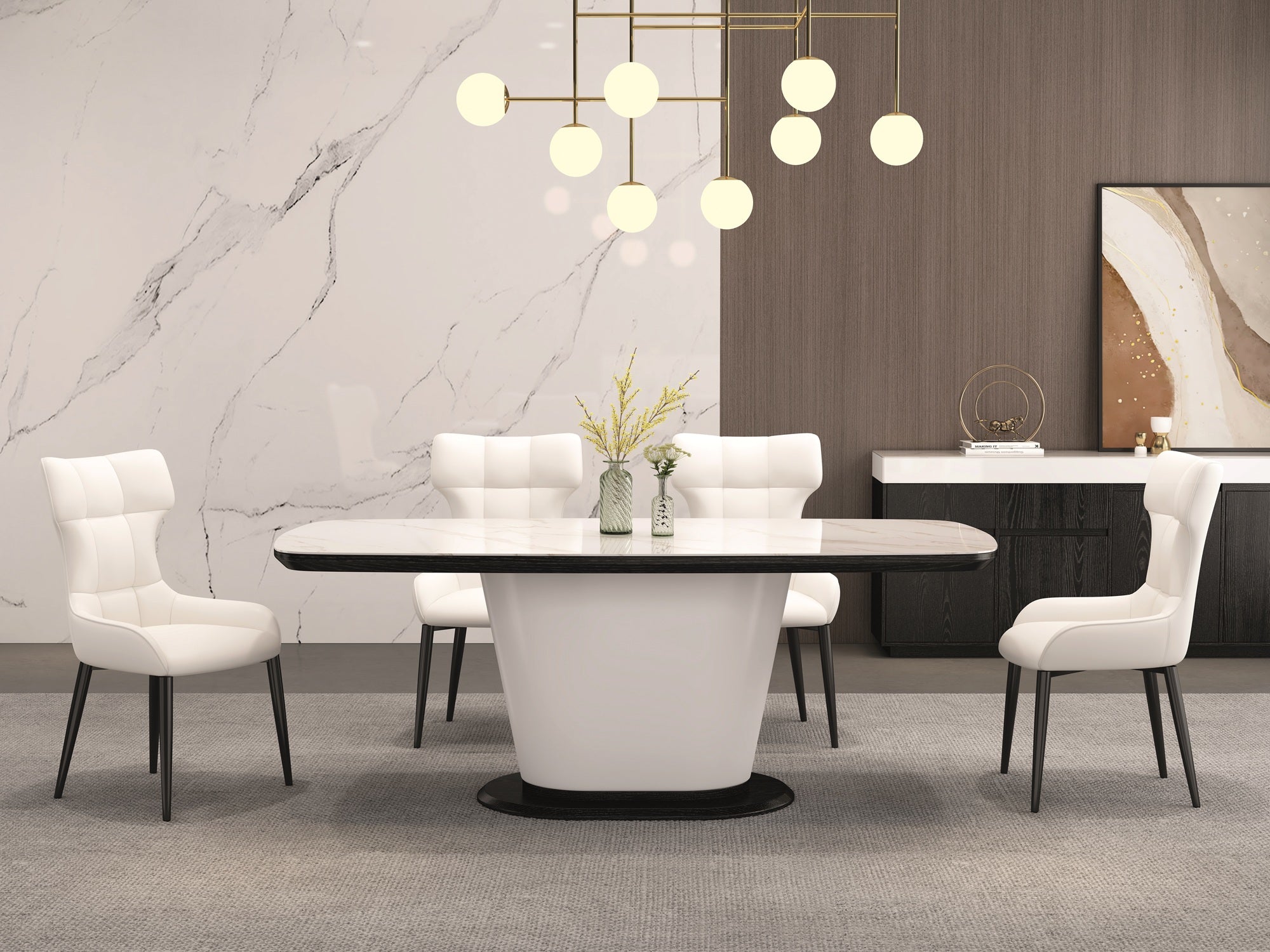 Modern dining room with a white oval table and chairs, marble wall, and decorative lighting.