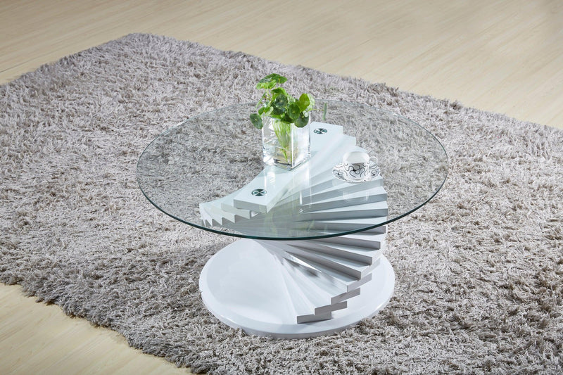 The Deon Coffee Table by A2Z Furniture - a round glass coffee table with white clear glass top and MDF base, available in white or brown. Perfect for modern living spaces.