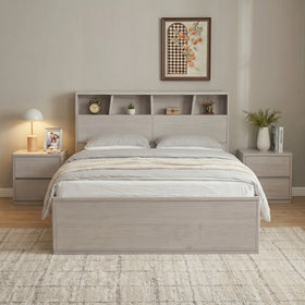 Cambridge light grey gas lift bed, front view showing the cubby bookshelf headboard flanked by matching bedside tables - The A2Z Furniture