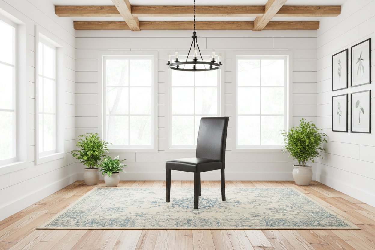 Dining room with a black chair on a patterned rug, large windows, and wooden beams.