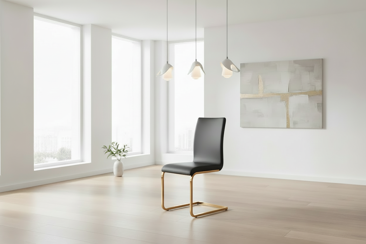 Modern black chair with gold legs in a minimalistic room with large windows and abstract art.