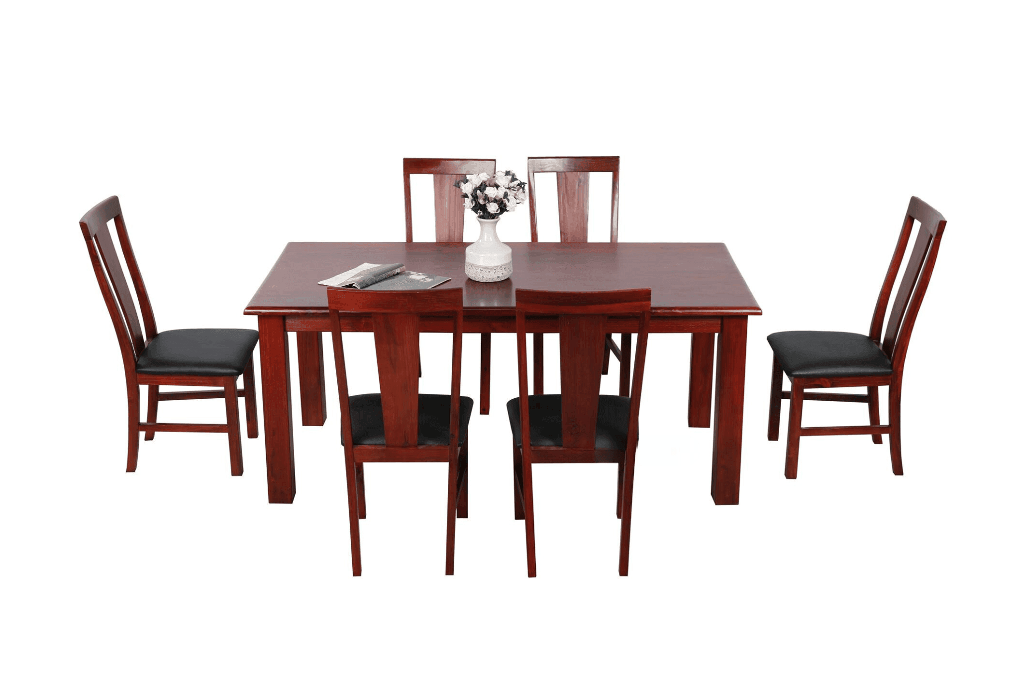 Six-piece wooden dining set with black cushioned chairs and rectangular table