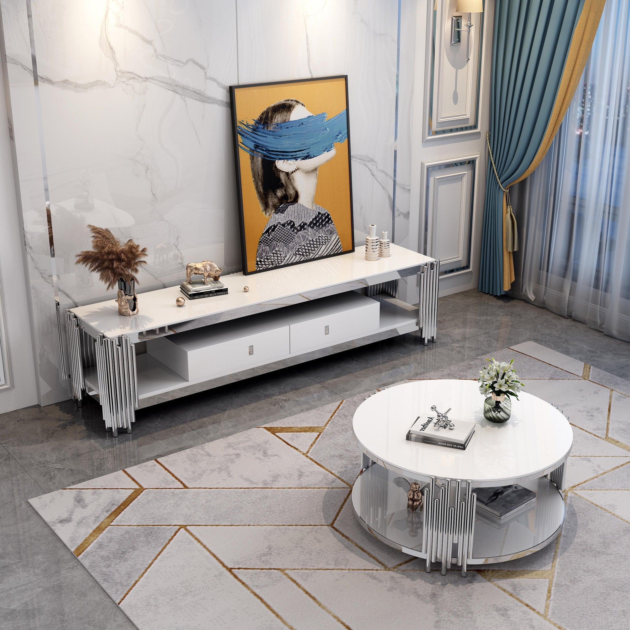 Sleek white coffee table with round tempered glass top and chrome base - The A2Z Furniture