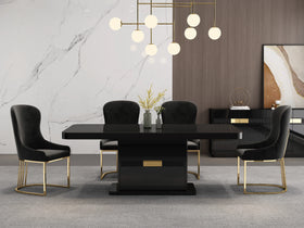 Drome dining set — black tempered glass dining table on a satin black base with a brushed-gold accent, with matching black PU faux leather chairs on gold sled bases
