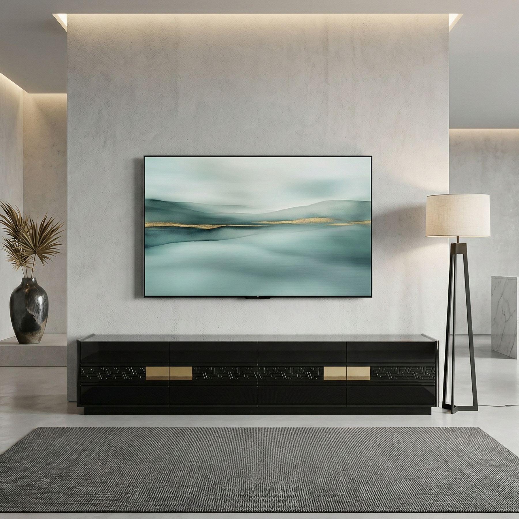 Modern living room with a television displaying a nature scene, a black entertainment console, and decorative elements.