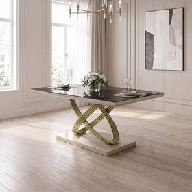 Dunhill dining table with a dark tempered glass top, cream edge, interlocking gold ring base and cream plinth