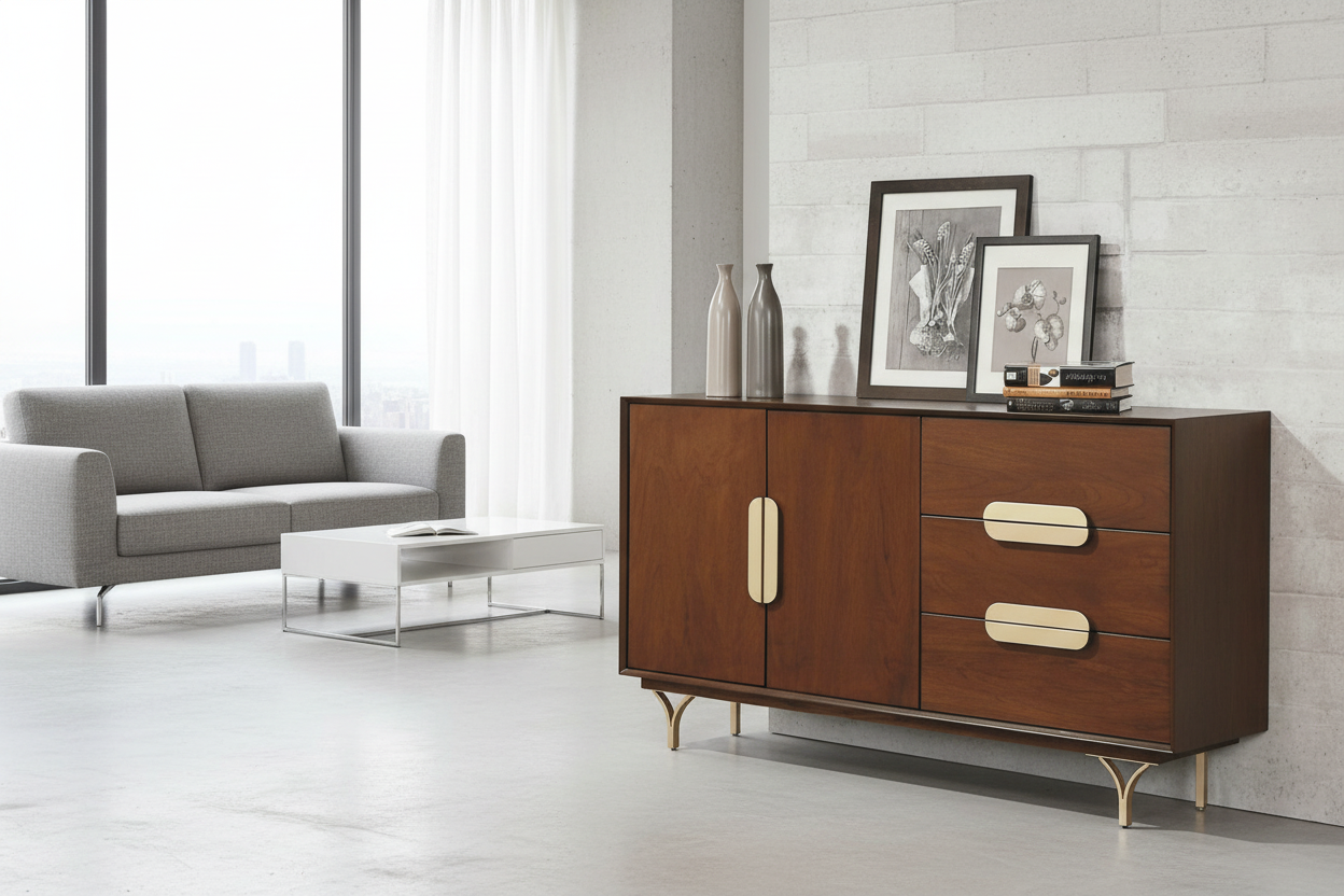 Modern living room with a wooden sideboard, gray sofa, and framed pictures.