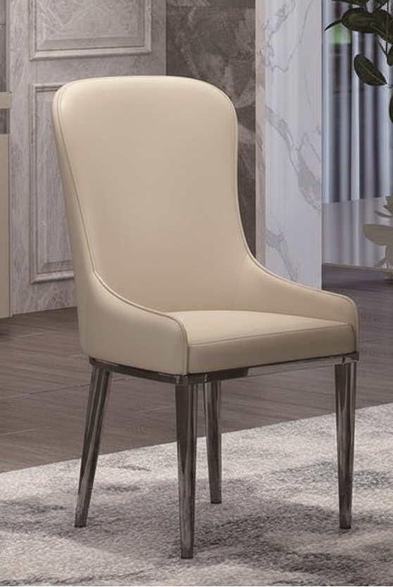 Grey chair in a modern dining room setting with a table and decorative elements.