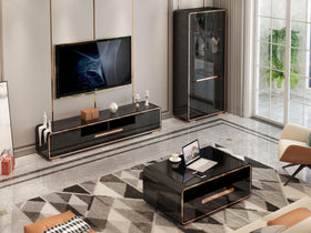 Sleek and modern Dwyane Coffee Table with black tempered glass top and rose golden accents, featuring 2 drawers and open shelf for ample storage, from The A2Z Furniture