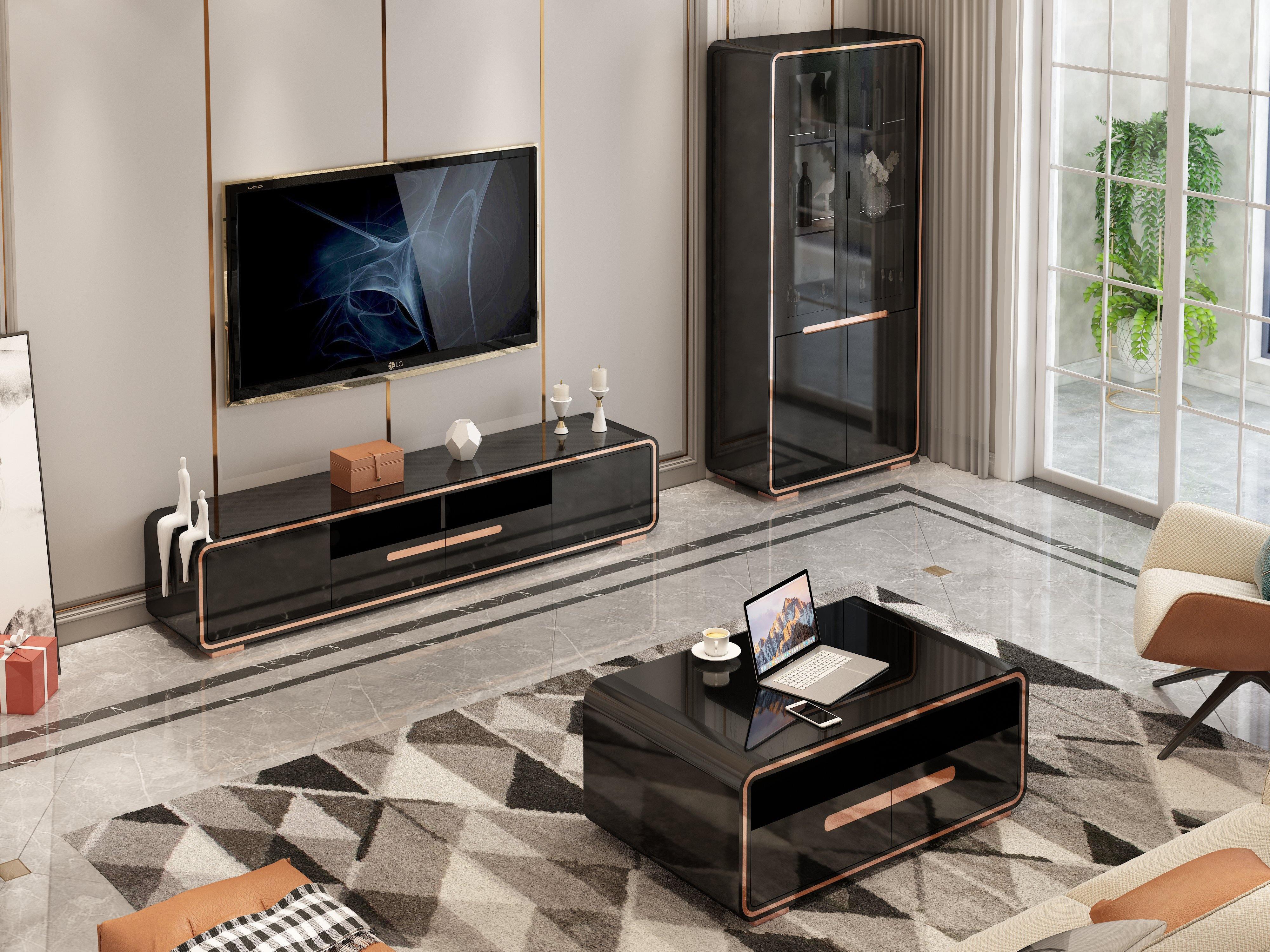Sleek and modern Dwyane Coffee Table with black tempered glass top and rose golden accents, featuring 2 drawers and open shelf for ample storage, from The A2Z Furniture