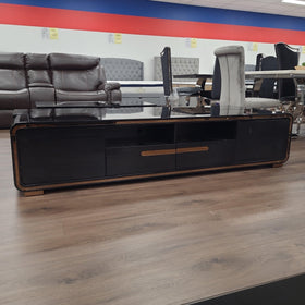 Dwyane TV Unit in Black with Golden Accents and Tempered Glass Top - The A2Z Furniture