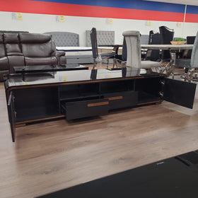 Dwyane TV Unit in Black with Golden Accents and Tempered Glass Top - The A2Z Furniture