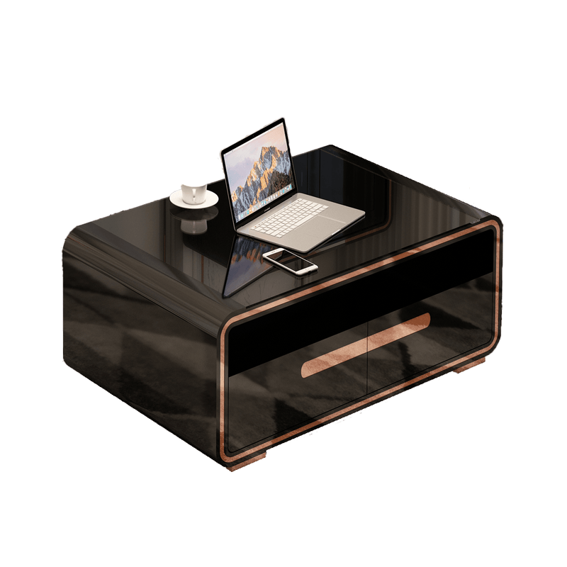 Sleek and modern Dwyane Coffee Table with black tempered glass top and rose golden accents, featuring 2 drawers and open shelf for ample storage, from The A2Z Furniture