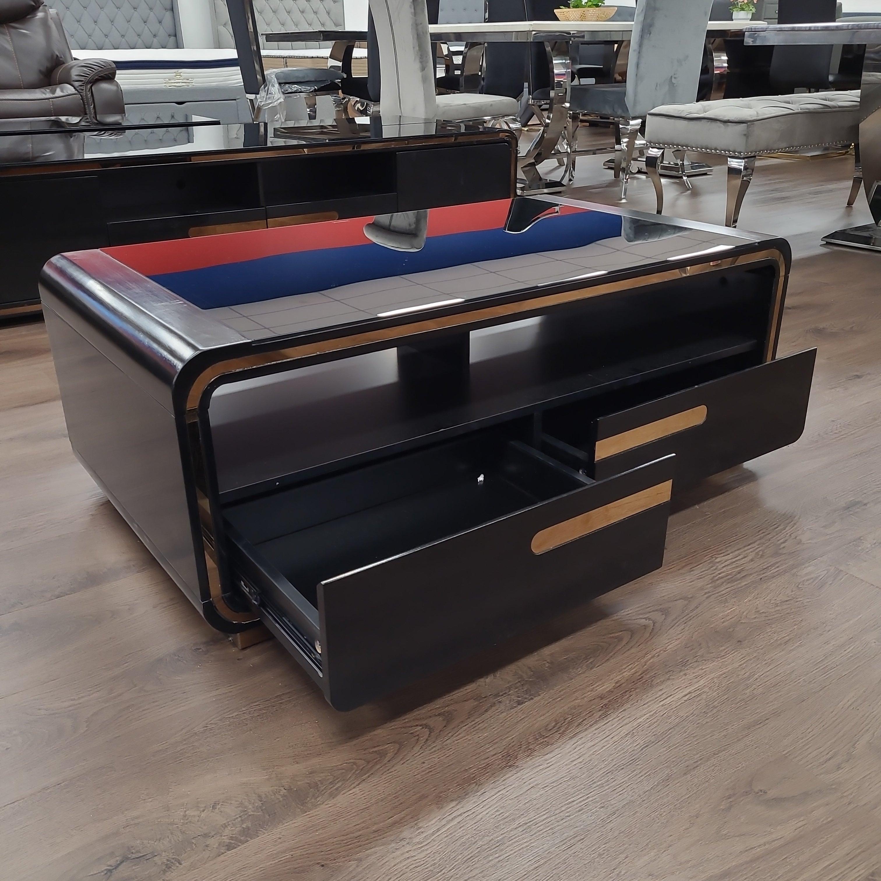 Sleek and modern Dwyane Coffee Table with black tempered glass top and rose golden accents, featuring 2 drawers and open shelf for ample storage, from The A2Z Furniture