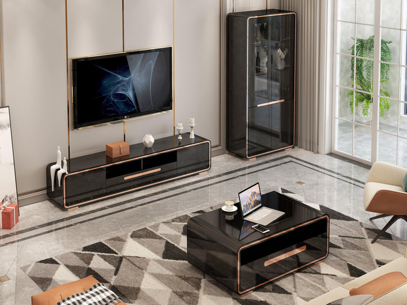 Dwyane TV Unit in Black with Golden Accents and Tempered Glass Top - The A2Z Furniture