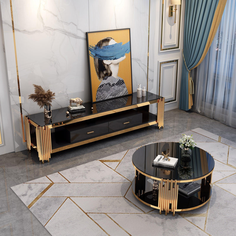 Dynamite Coffee Table - Black round glass top coffee table with gold chromed structure and open shelf at the bottom, perfect for modern living rooms from The A2Z Furniture.