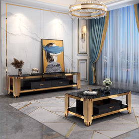  Dynamite TV Unit by The A2Z Furniture. Modern black and gold design with two storage drawers and black tempered glass top