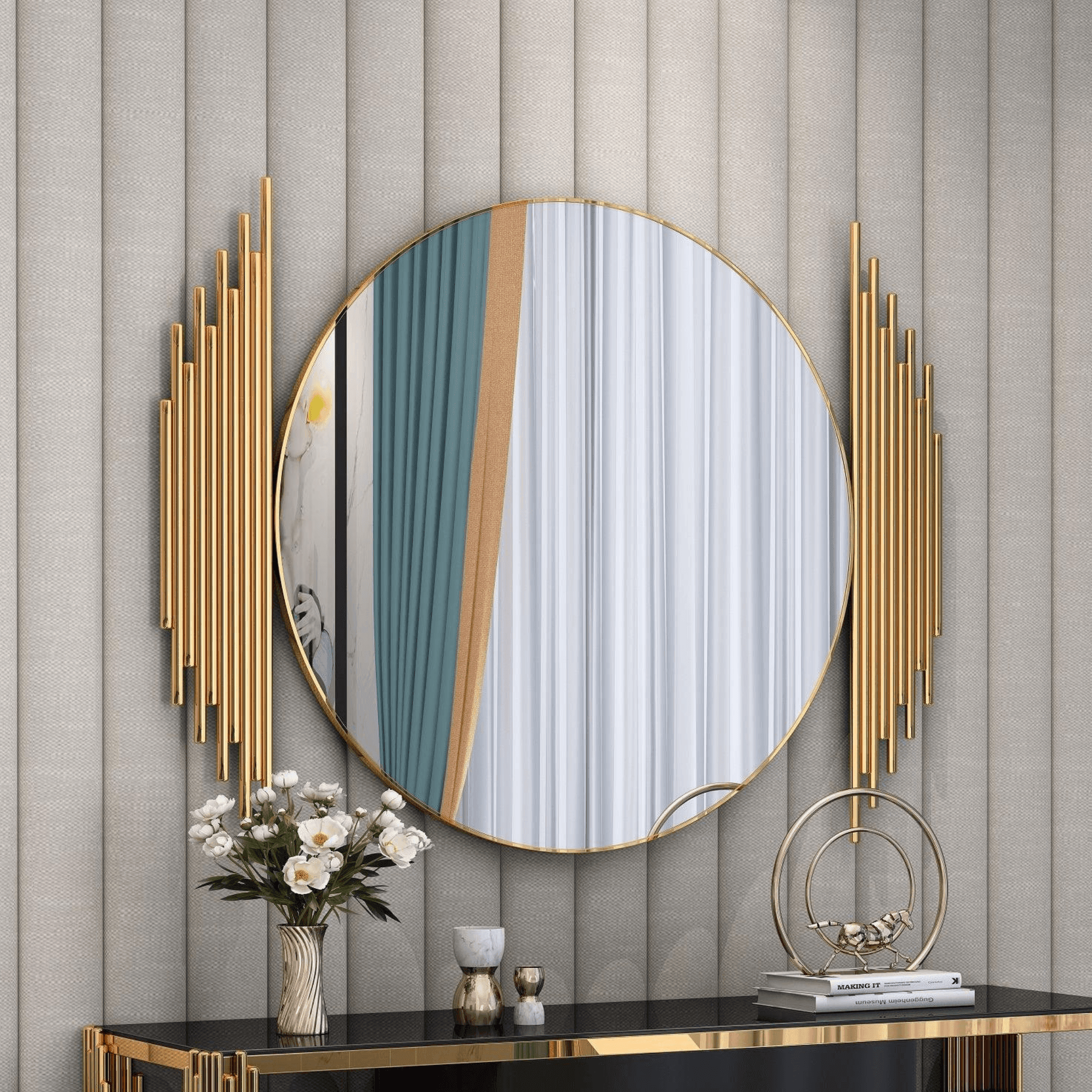 Modern round wall mirror with gold frame and decorative side bars above black console table