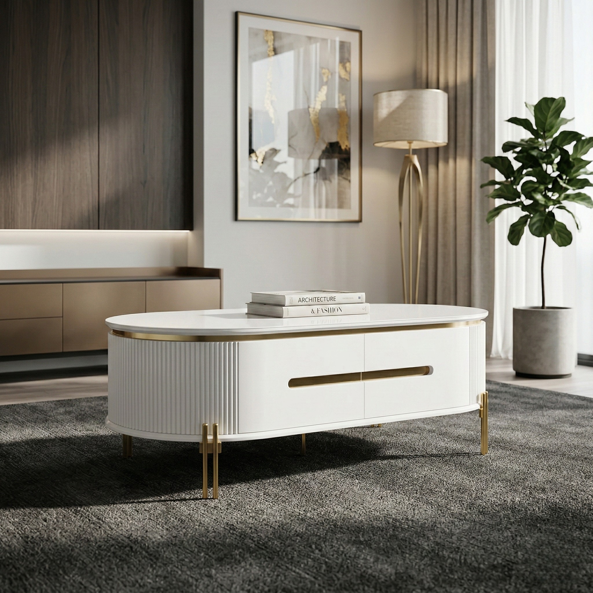 Modern living room with a white and gold coffee table, books, and a plant.