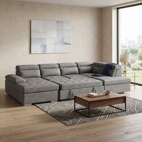 Alex Pull Out Sofa Bed in light grey fabric, U-shaped configuration with twin chaise ends and adjustable headrests in a bright lounge