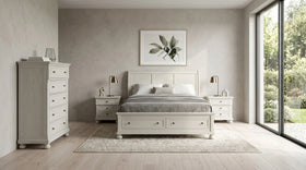 Canada 4 piece bedroom suite in white, with a panelled storage bed, two bedside tables and a tallboy in a bright contemporary bedroom - The A2Z Furniture
