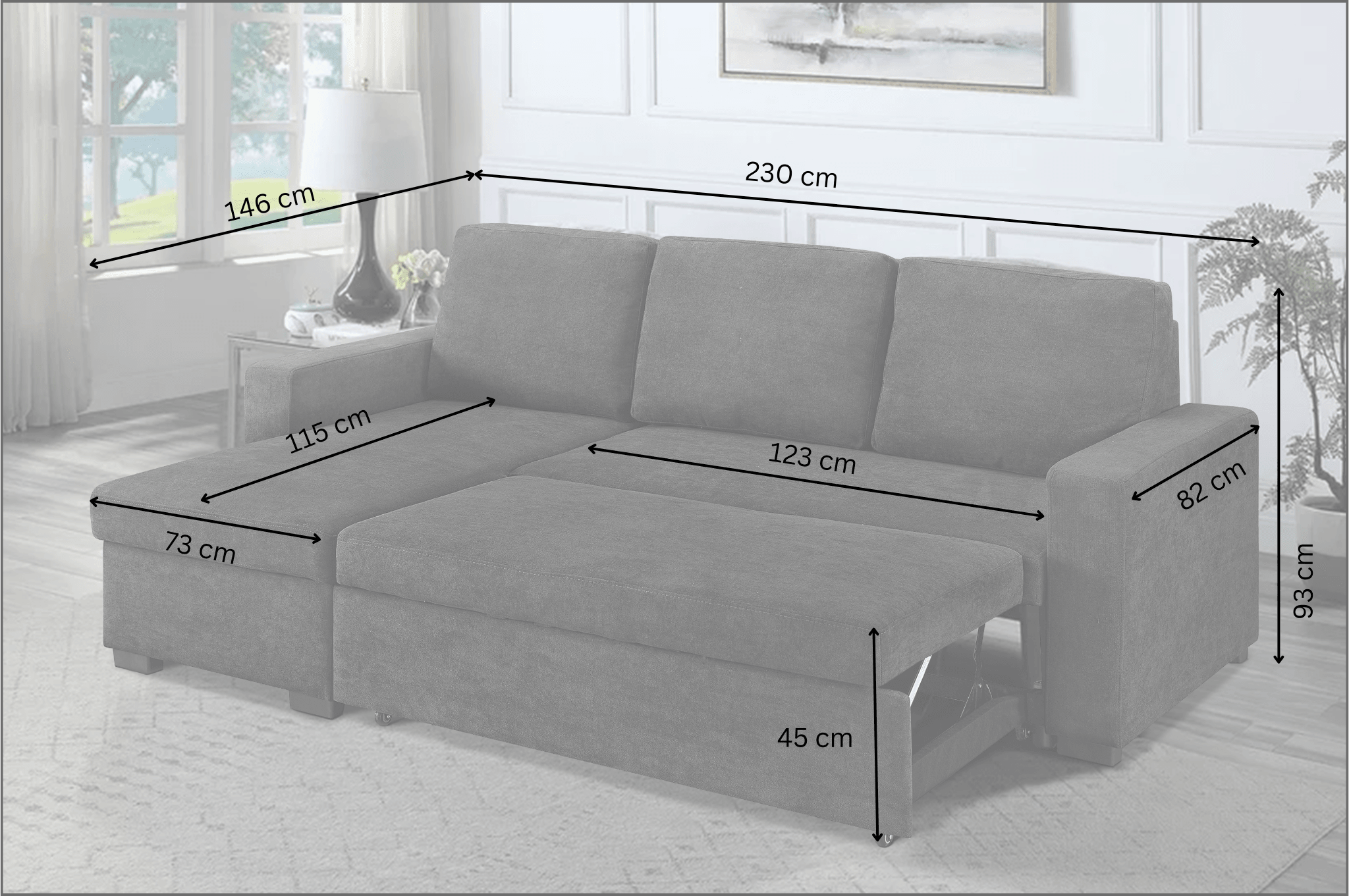 Grey pull-out sofa bed with storage, shown in a lounge room, labeled with dimensions in centimeters.