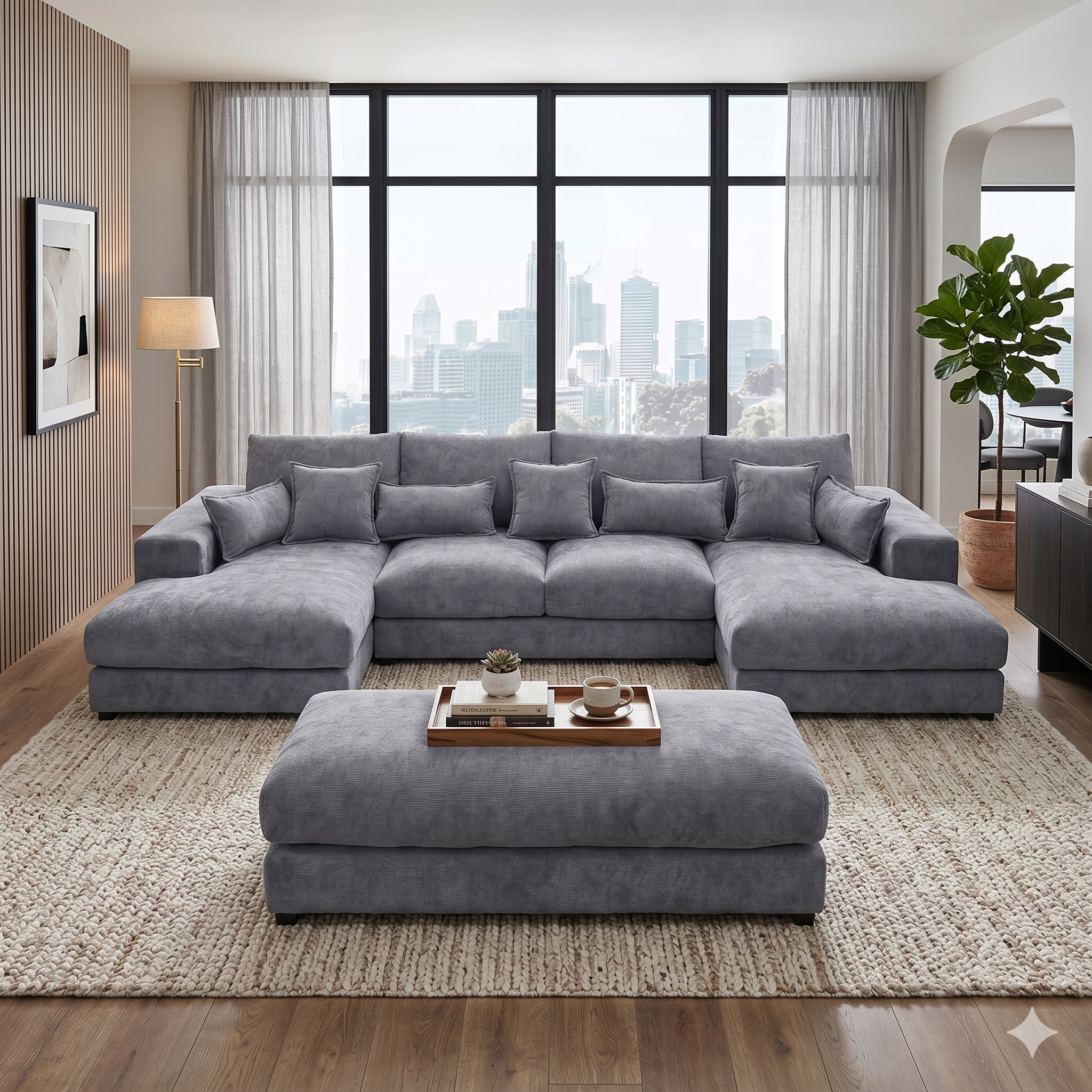 Gray sectional sofa in a living room with large windows and cityscape view.