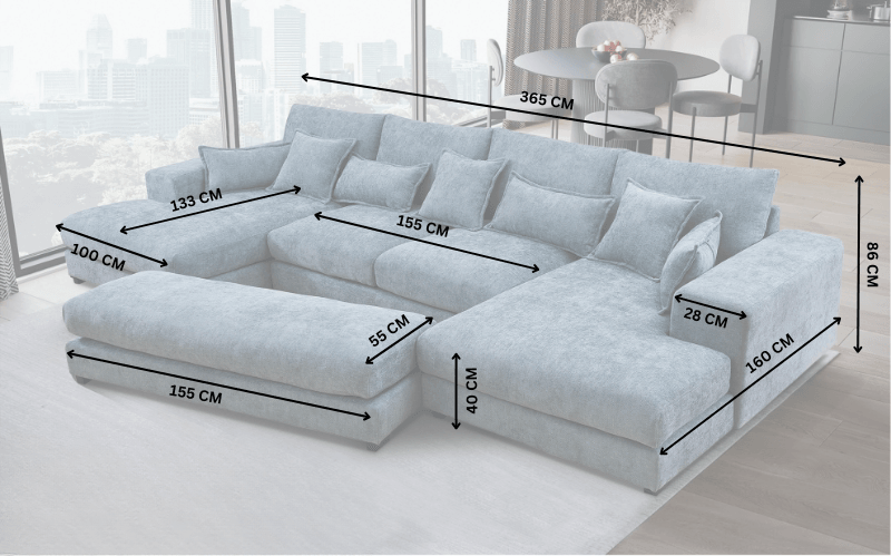 Light grey corner sofa with ottoman, multiple cushions, and detailed measurements in living room