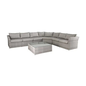 Sectional outdoor sofa with wicker frame and gray cushions on a white background