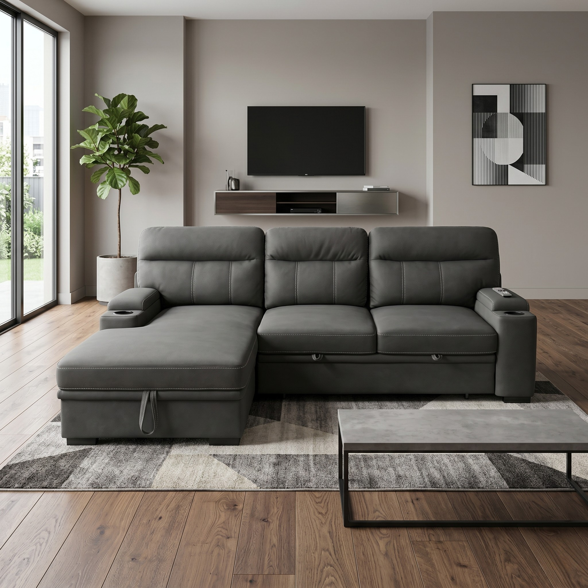 Modern living room with a gray sectional sofa, coffee table, and TV stand.