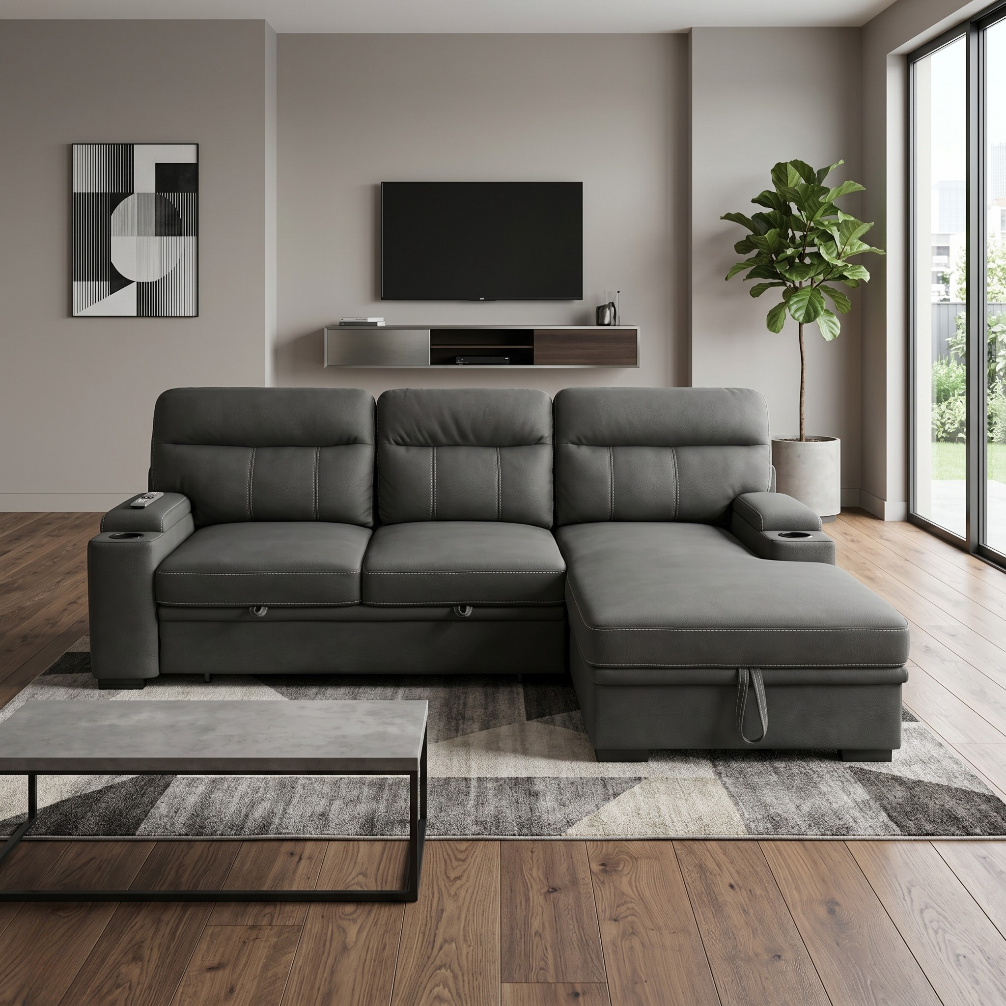 Modern living room with a gray sectional sofa, coffee table, and TV stand.