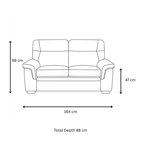 Erika 2 Seater Fabric Sofa dimension diagram — 164 cm wide, 88 cm total depth, 47 cm seat height, 98 cm overall height.